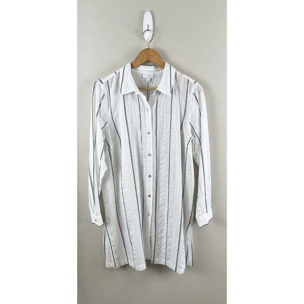 J. Jill Women's Sz M White Black‎ Striped Tunic Shirt Button Up Cotton Blend